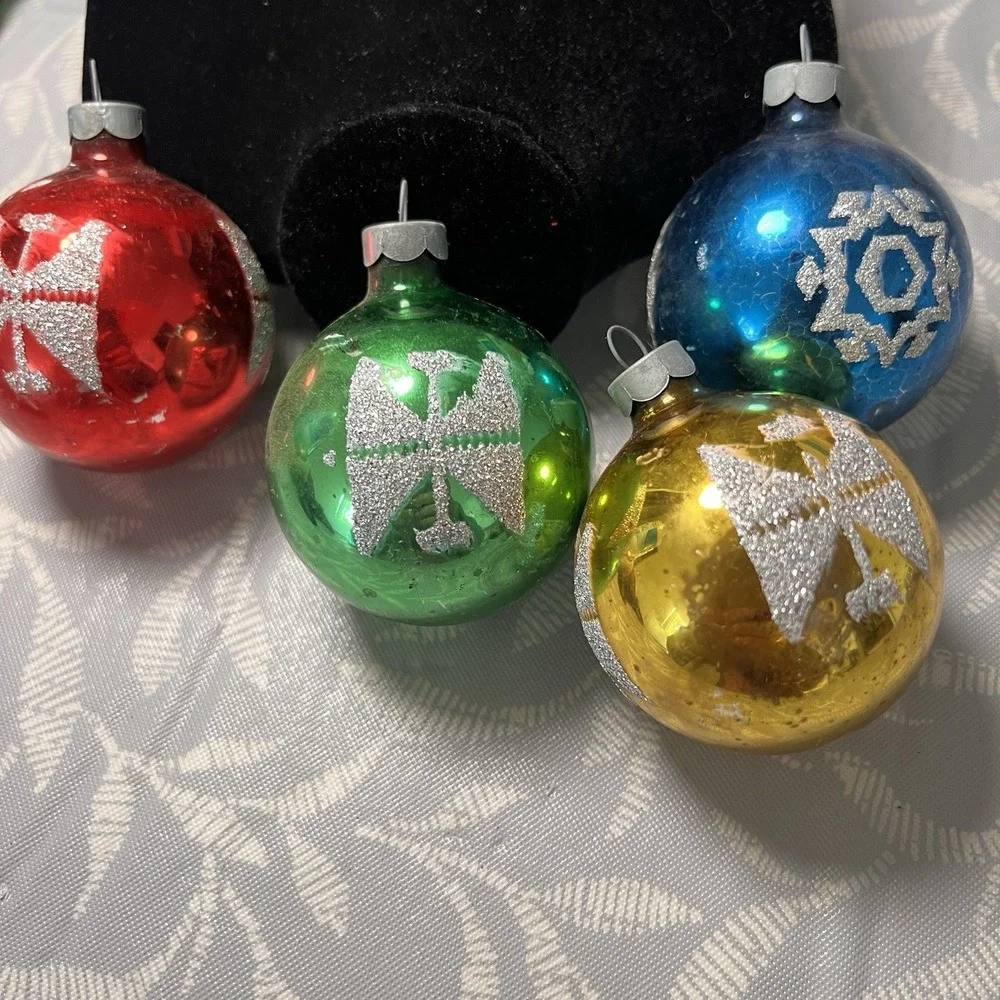 Vintage‎ USA MADE Mercury Glass Christmas Ornaments Stencil Glitter Lot 4